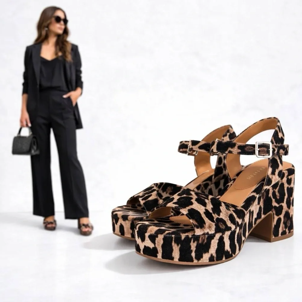 Gianni Bini Leopard Platform Sandals Women Velvet Joize Size 7.5 New - Picture 1 of 10